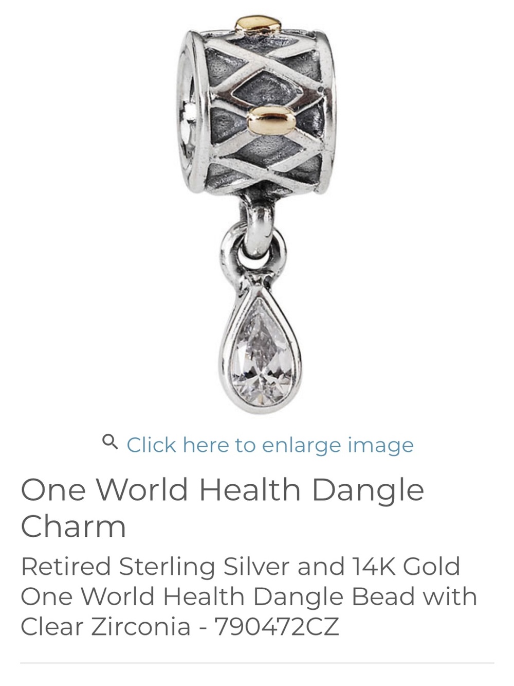 Pandora Silver & Gold Dangle Charm with Clear Teardrop Stone